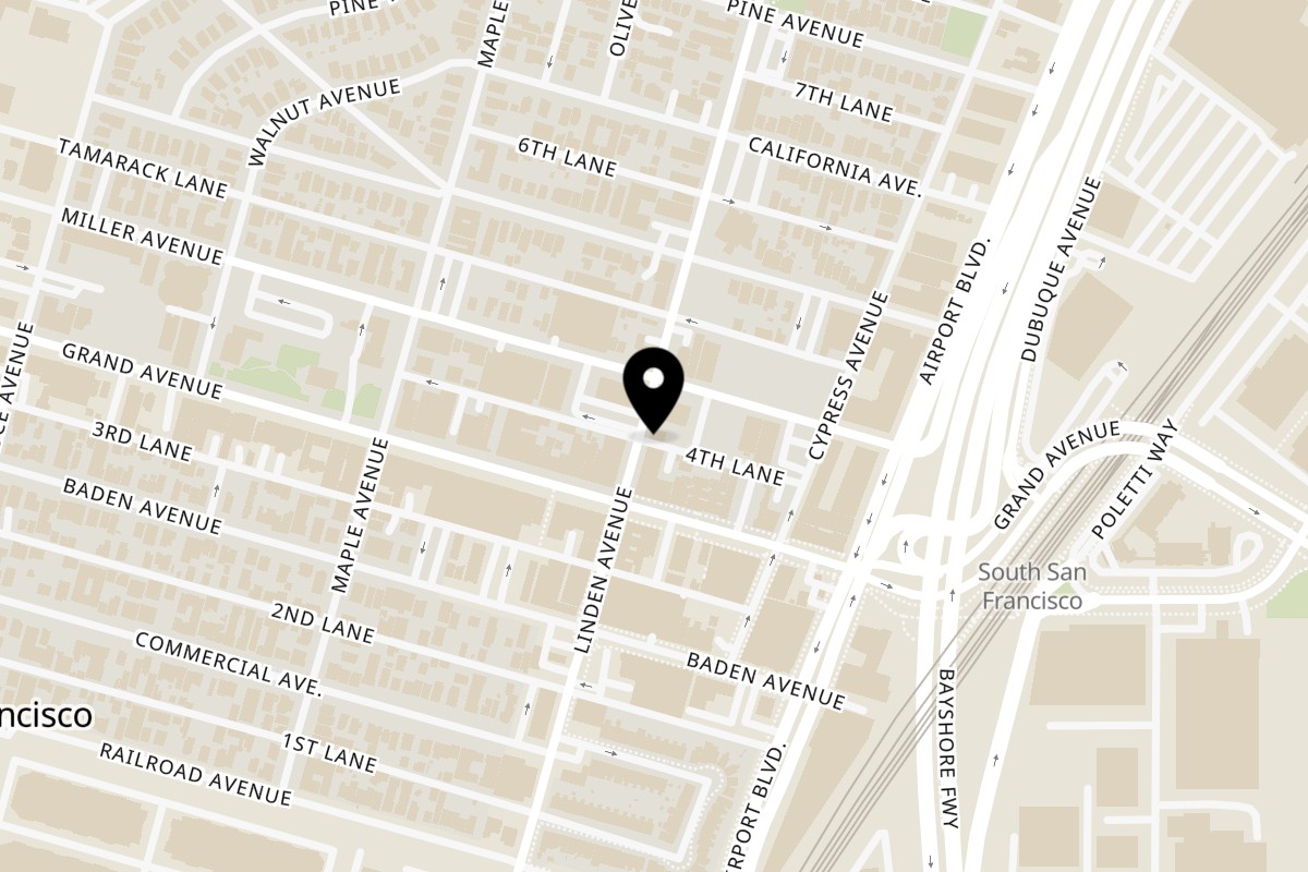 Map showing the location of Flavas Jamaican Grill on 314 Linden Ave in South San Francisco